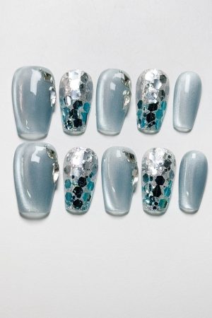 Blue Sequined Cat-eye Press on Nails