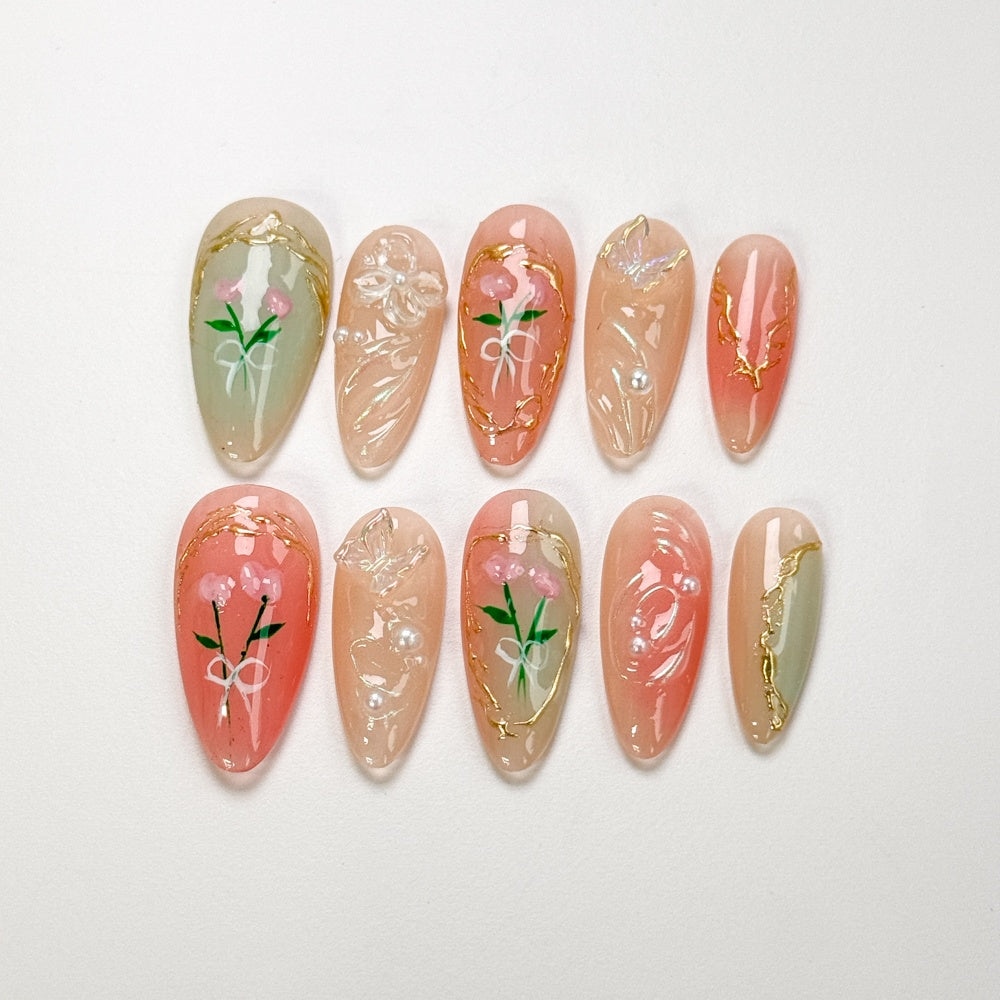 Pink Tulip Bouquet Press on Nails