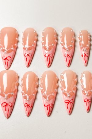 Sweet Pearl Bow French Press on Nails