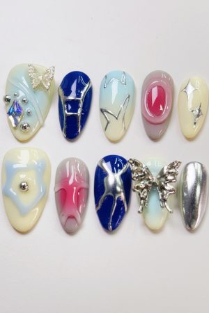 Seaside Silver Butterfly Press on Nails